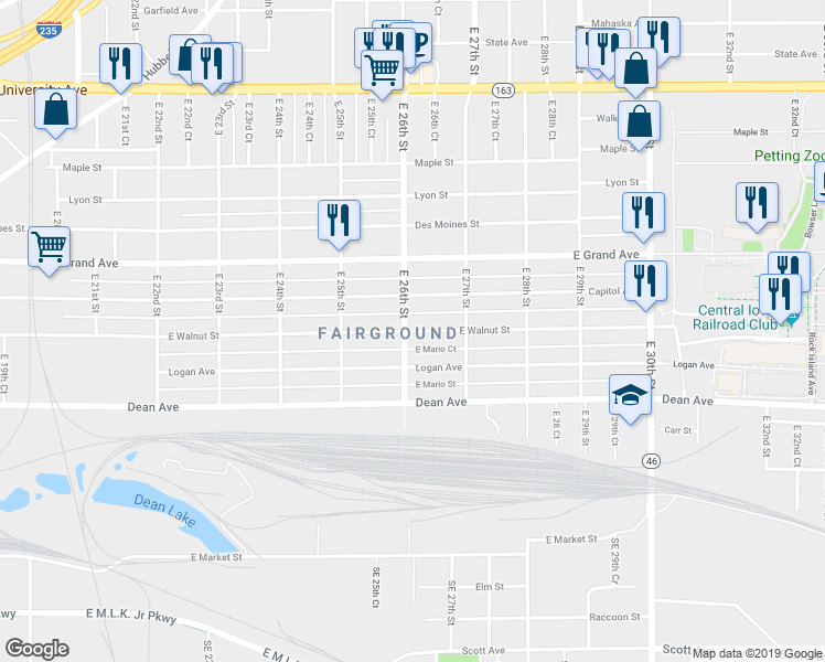 map of restaurants, bars, coffee shops, grocery stores, and more near 2603 East Walnut Street in Des Moines