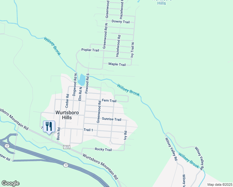 map of restaurants, bars, coffee shops, grocery stores, and more near 23 Brook Trail East in Wurtsboro