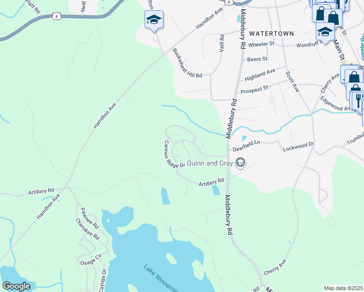 map of restaurants, bars, coffee shops, grocery stores, and more near 112 Cannon Ridge Drive in Watertown