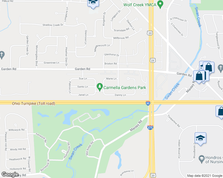 map of restaurants, bars, coffee shops, grocery stores, and more near 6523 Antoinette Lane in Maumee