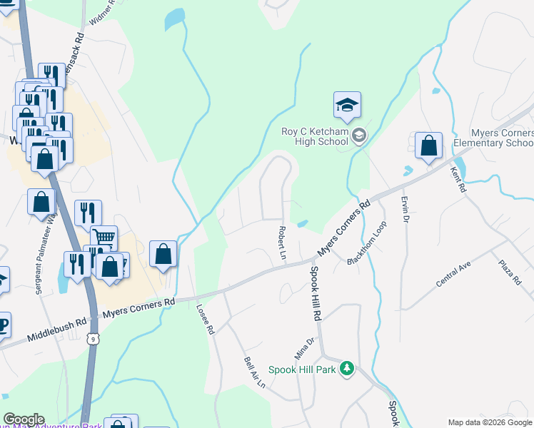 map of restaurants, bars, coffee shops, grocery stores, and more near 59 Robert Lane in Wappingers Falls