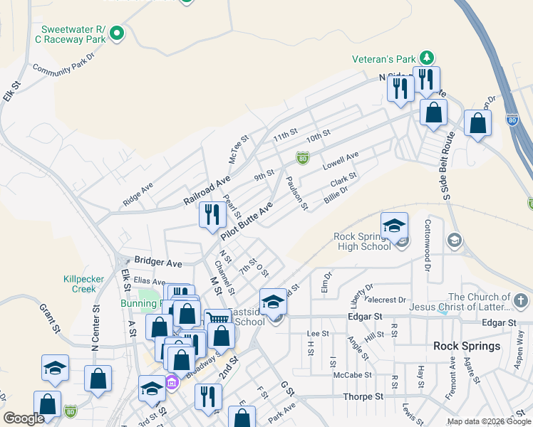 map of restaurants, bars, coffee shops, grocery stores, and more near 1022 Pilot Butte Avenue in Rock Springs