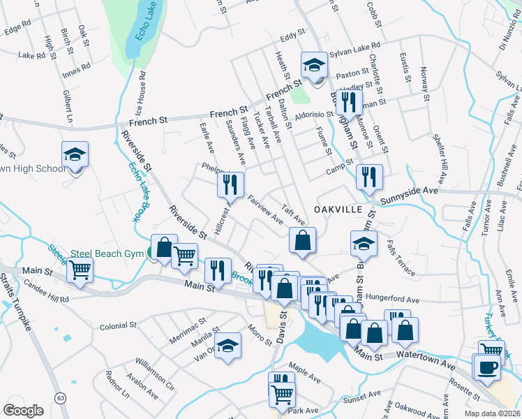 map of restaurants, bars, coffee shops, grocery stores, and more near 69 Fairview Avenue in Watertown