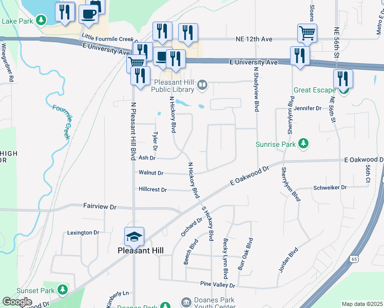 map of restaurants, bars, coffee shops, grocery stores, and more near 391 North Hickory Boulevard in Pleasant Hill