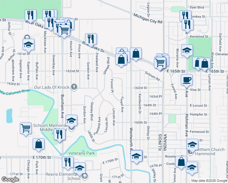 map of restaurants, bars, coffee shops, grocery stores, and more near 1411 Forest Place in Calumet City