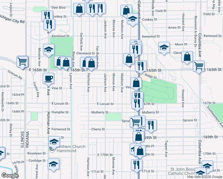 map of restaurants, bars, coffee shops, grocery stores, and more near 6610 Monroe Avenue in Hammond