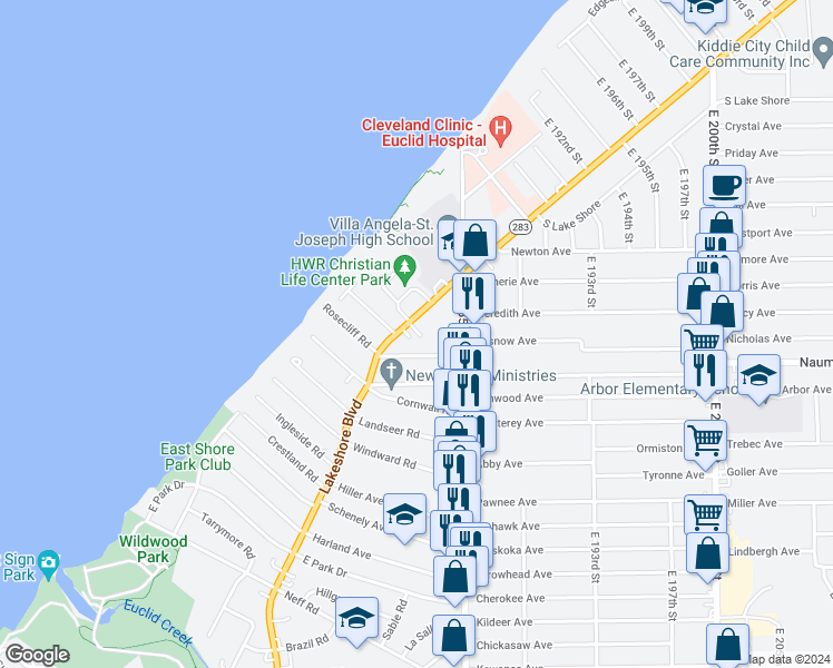 map of restaurants, bars, coffee shops, grocery stores, and more near 18424 Lakeshore Boulevard in Cleveland