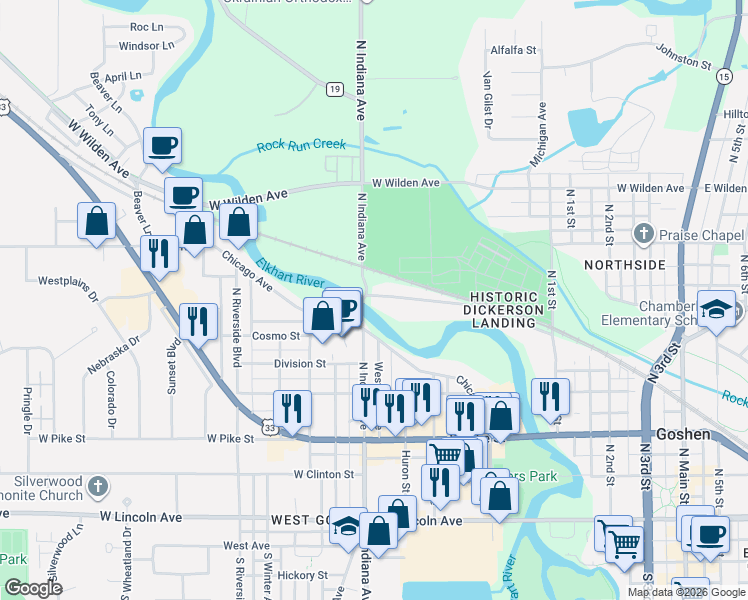 map of restaurants, bars, coffee shops, grocery stores, and more near 906-998 River Avenue in Goshen