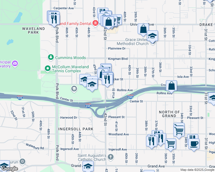 map of restaurants, bars, coffee shops, grocery stores, and more near 852 41st Street in Des Moines