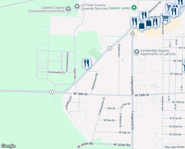 map of restaurants, bars, coffee shops, grocery stores, and more near 826 Mayflower Road in La Porte
