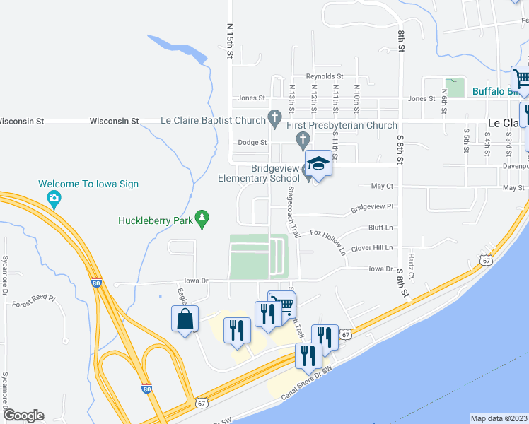 map of restaurants, bars, coffee shops, grocery stores, and more near 438 South 14th Street in Le Claire