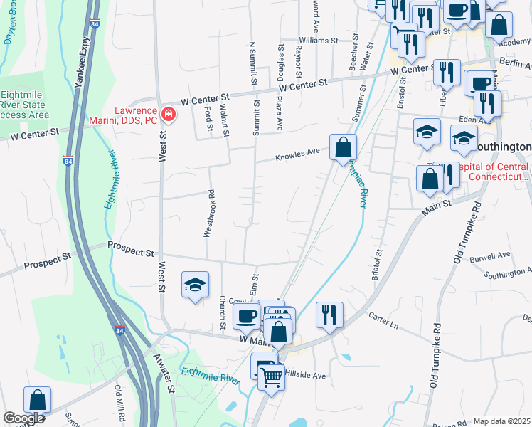 map of restaurants, bars, coffee shops, grocery stores, and more near 189 Summit Street in Southington