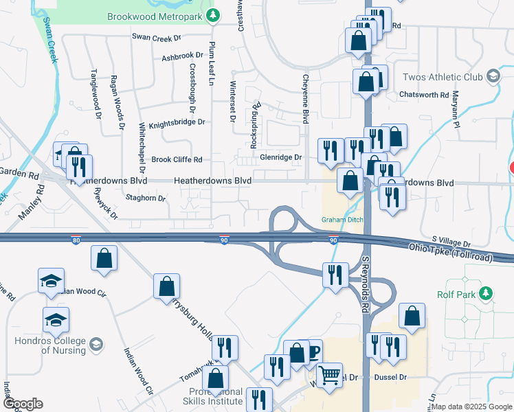 map of restaurants, bars, coffee shops, grocery stores, and more near 2601 Briar Lane in Toledo