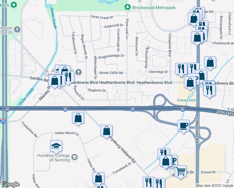 map of restaurants, bars, coffee shops, grocery stores, and more near 2550 Heatherwyck Court in Toledo
