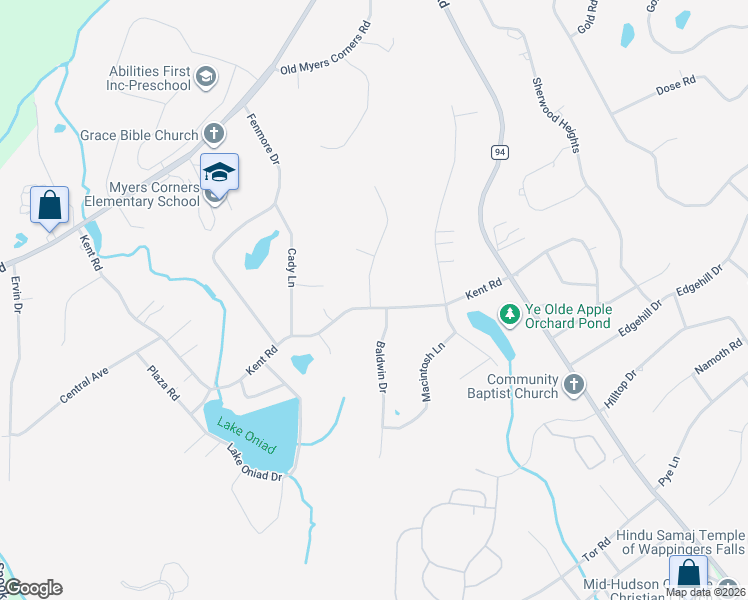 map of restaurants, bars, coffee shops, grocery stores, and more near 83 Kent Rd in Wappingers Falls