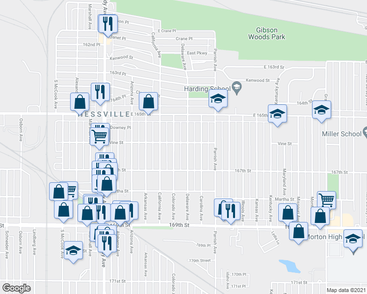 map of restaurants, bars, coffee shops, grocery stores, and more near 6608 Delaware Ave in Hammond