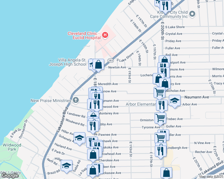 map of restaurants, bars, coffee shops, grocery stores, and more near 18871 Pasnow Ave in Euclid
