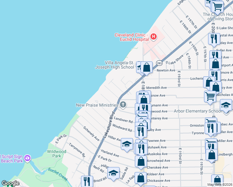map of restaurants, bars, coffee shops, grocery stores, and more near 17915 Rosecliff Road in Cleveland