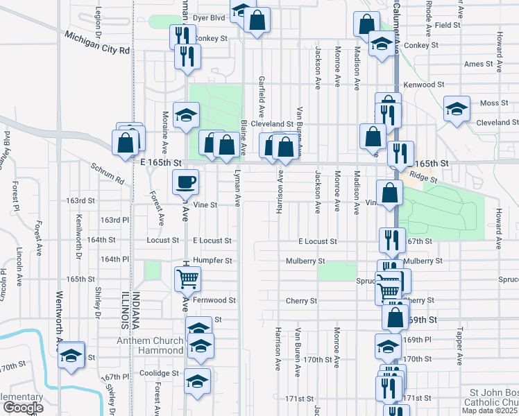 map of restaurants, bars, coffee shops, grocery stores, and more near 426 Vine St in Hammond
