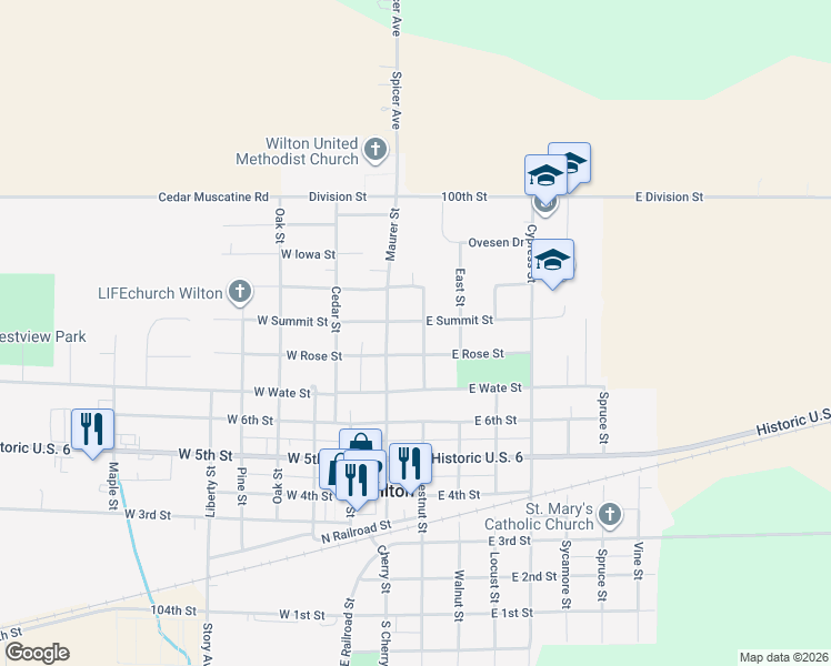 map of restaurants, bars, coffee shops, grocery stores, and more near 815 Seminary Street in Wilton