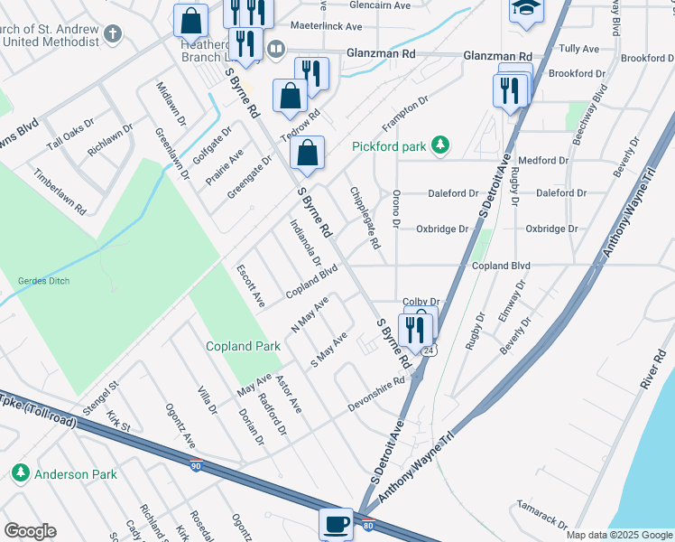 map of restaurants, bars, coffee shops, grocery stores, and more near 4509 Copland Blvd in Toledo
