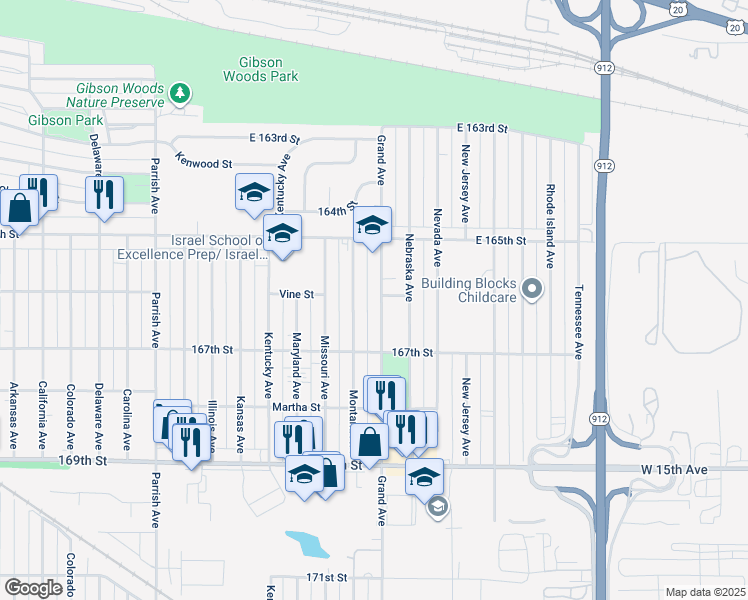 map of restaurants, bars, coffee shops, grocery stores, and more near 6602 Grand Avenue in Hammond