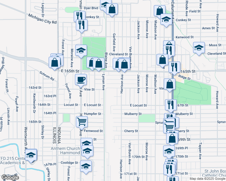 map of restaurants, bars, coffee shops, grocery stores, and more near 426 Vine Street in Hammond