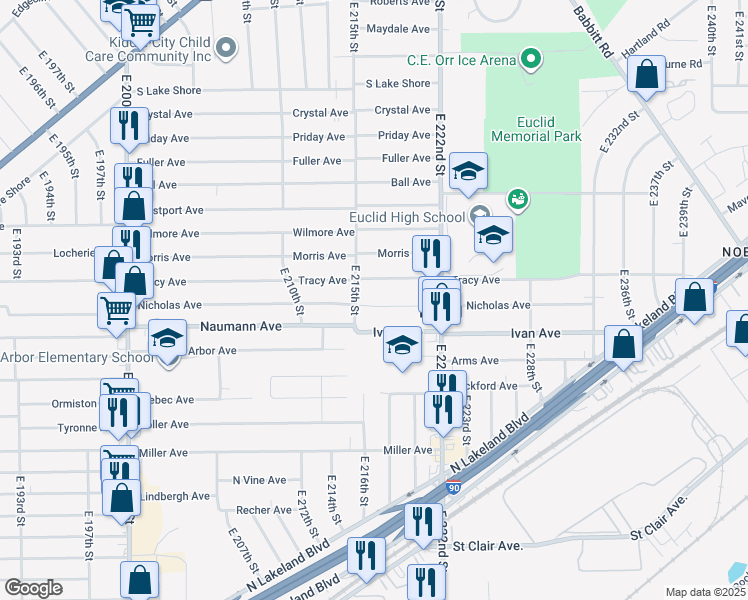 map of restaurants, bars, coffee shops, grocery stores, and more near 21701 Nicholas Avenue in Euclid