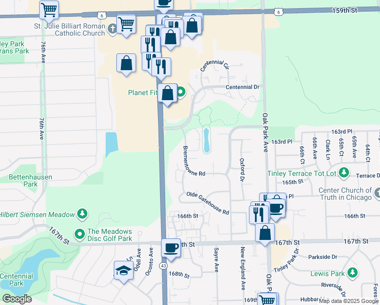 map of restaurants, bars, coffee shops, grocery stores, and more near 16359 Brementowne Road in Tinley Park