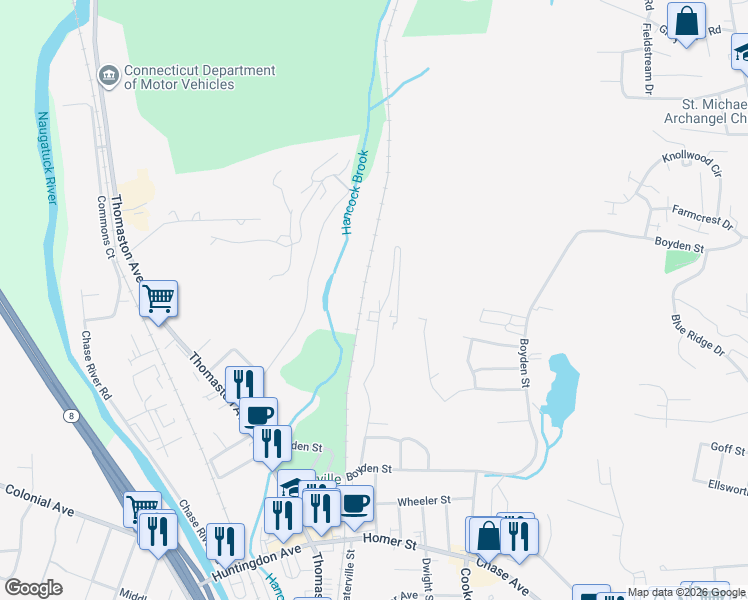 map of restaurants, bars, coffee shops, grocery stores, and more near 201 Yale Street in Waterbury