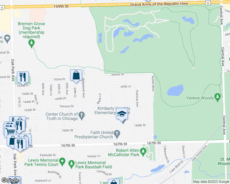 map of restaurants, bars, coffee shops, grocery stores, and more near 16411 Beverly Avenue in Tinley Park