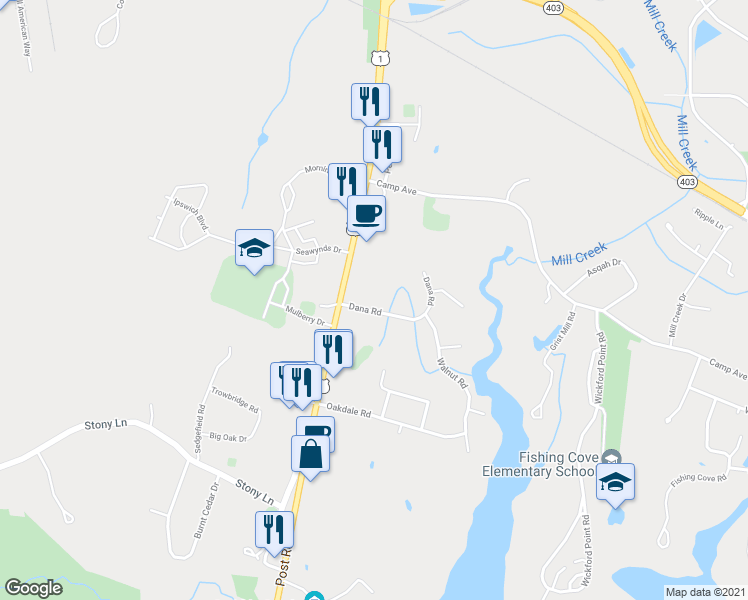 map of restaurants, bars, coffee shops, grocery stores, and more near 30 Dana Road in North Kingstown