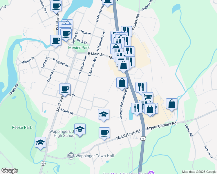 map of restaurants, bars, coffee shops, grocery stores, and more near 55 Wenliss Terrace in Wappingers Falls