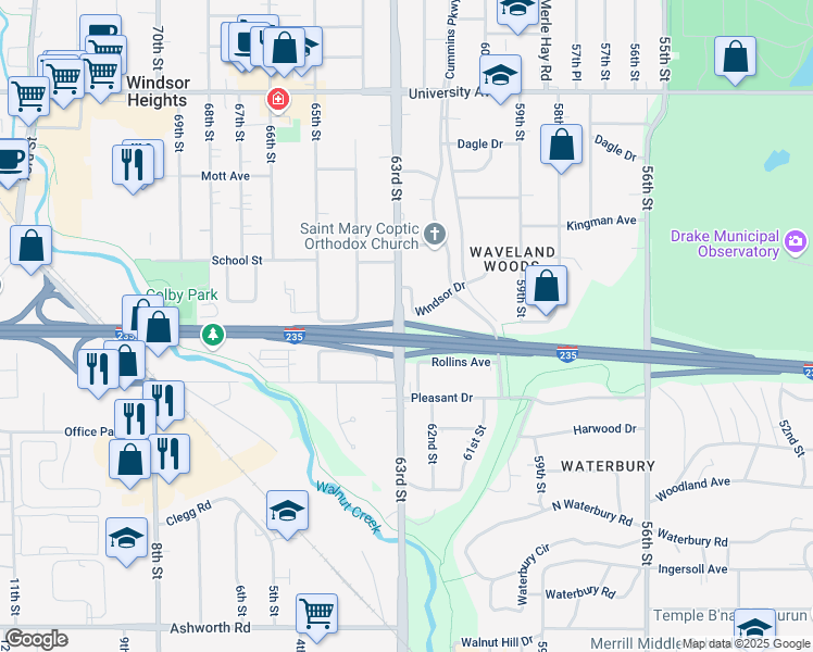 map of restaurants, bars, coffee shops, grocery stores, and more near 821 63rd Street in Des Moines