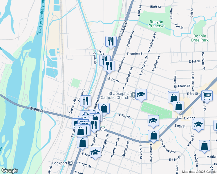 map of restaurants, bars, coffee shops, grocery stores, and more near 122 East 5th Street in Lockport