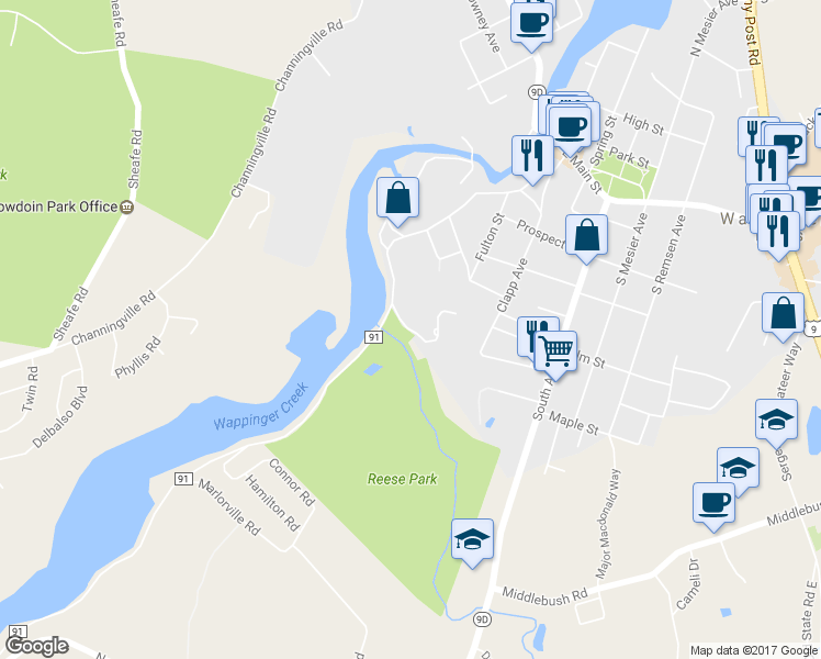 map of restaurants, bars, coffee shops, grocery stores, and more near 2 Franklindale Avenue in Wappingers Falls