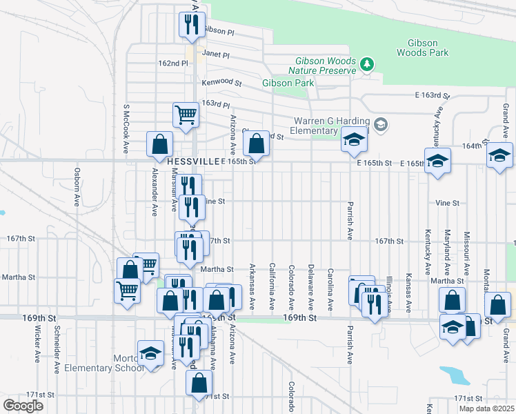 map of restaurants, bars, coffee shops, grocery stores, and more near 6609 Arkansas Avenue in Hammond