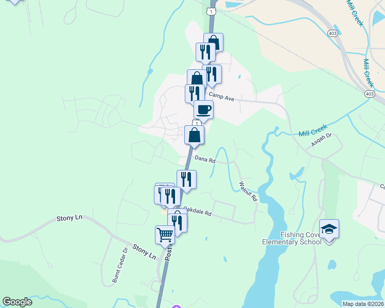 map of restaurants, bars, coffee shops, grocery stores, and more near 7525 Post Rd in North Kingstown