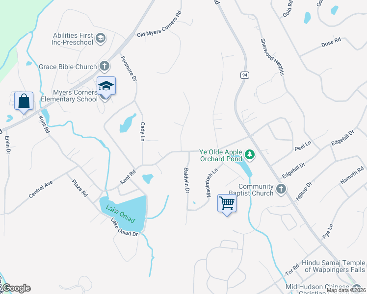 map of restaurants, bars, coffee shops, grocery stores, and more near 83 Kent Road in Wappingers Falls