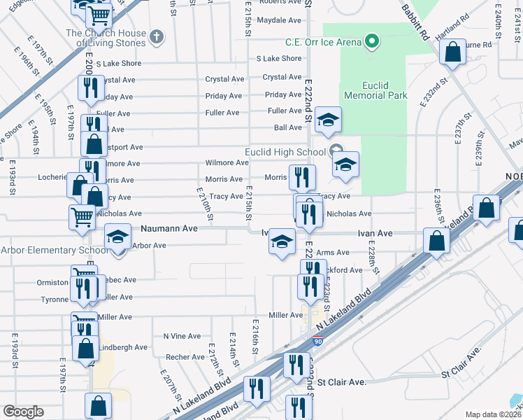 map of restaurants, bars, coffee shops, grocery stores, and more near 21701 Nicholas Avenue in Euclid