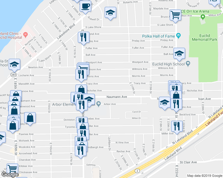 map of restaurants, bars, coffee shops, grocery stores, and more near 20771 Nicholas Avenue in Euclid