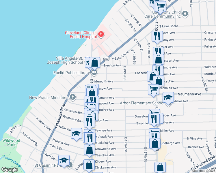 map of restaurants, bars, coffee shops, grocery stores, and more near 18871 Pasnow Avenue in Euclid