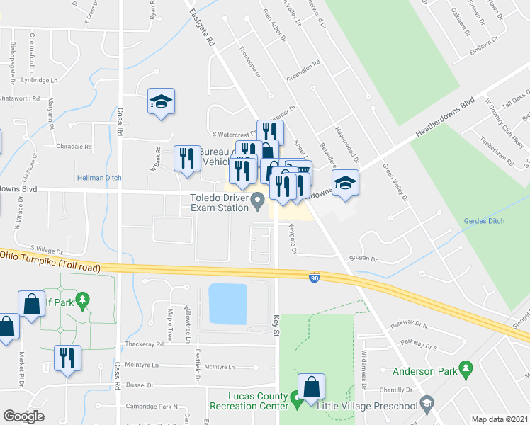 map of restaurants, bars, coffee shops, grocery stores, and more near 2534 Key Street in Toledo