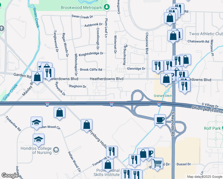 map of restaurants, bars, coffee shops, grocery stores, and more near 5569 Ryewyck Court in Toledo