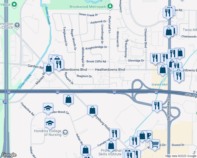 map of restaurants, bars, coffee shops, grocery stores, and more near 2550 Heatherwyck Court in Toledo