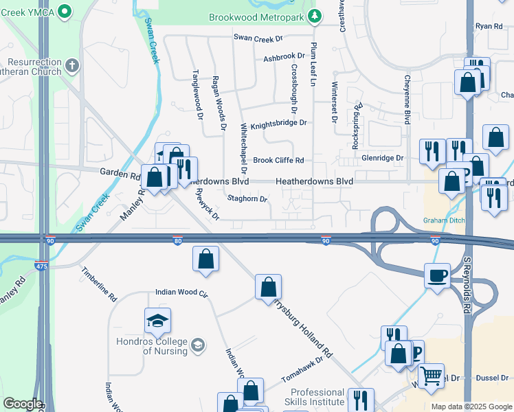 map of restaurants, bars, coffee shops, grocery stores, and more near 5801 Staghorn Drive in Toledo