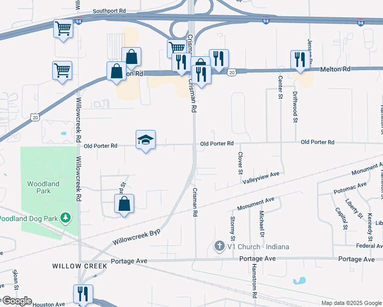 map of restaurants, bars, coffee shops, grocery stores, and more near Crisman Rd in Portage