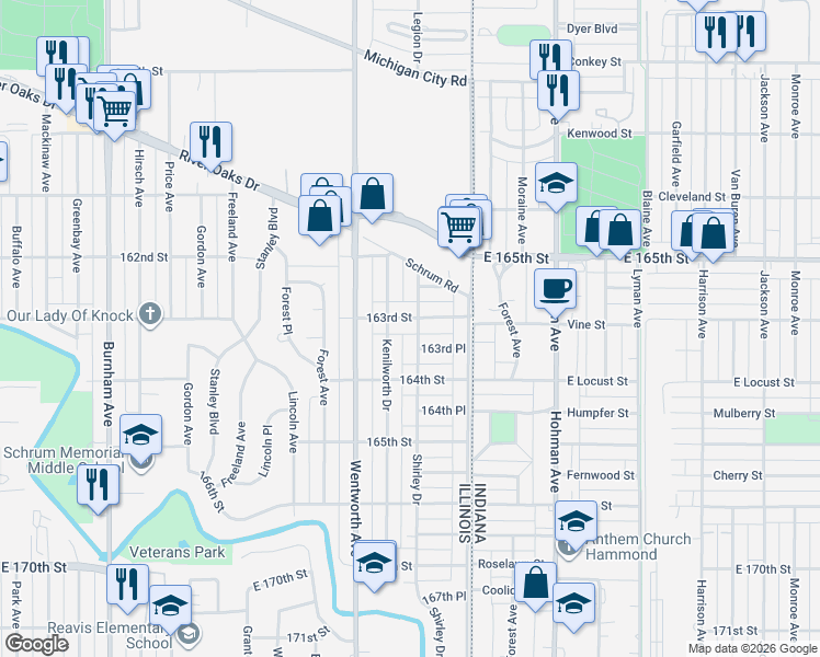 map of restaurants, bars, coffee shops, grocery stores, and more near 113 163rd Street in Calumet City