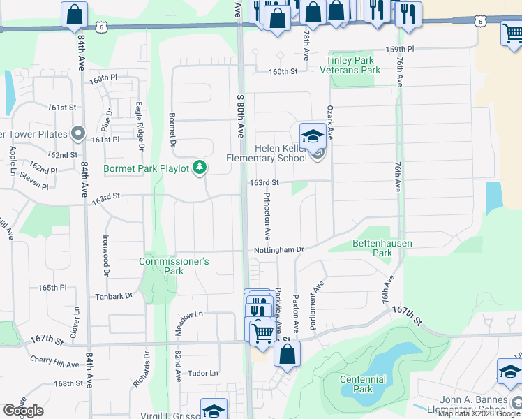 map of restaurants, bars, coffee shops, grocery stores, and more near 7969 163rd Court in Tinley Park