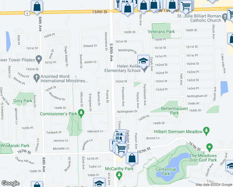 map of restaurants, bars, coffee shops, grocery stores, and more near 7969 163rd Court in Tinley Park